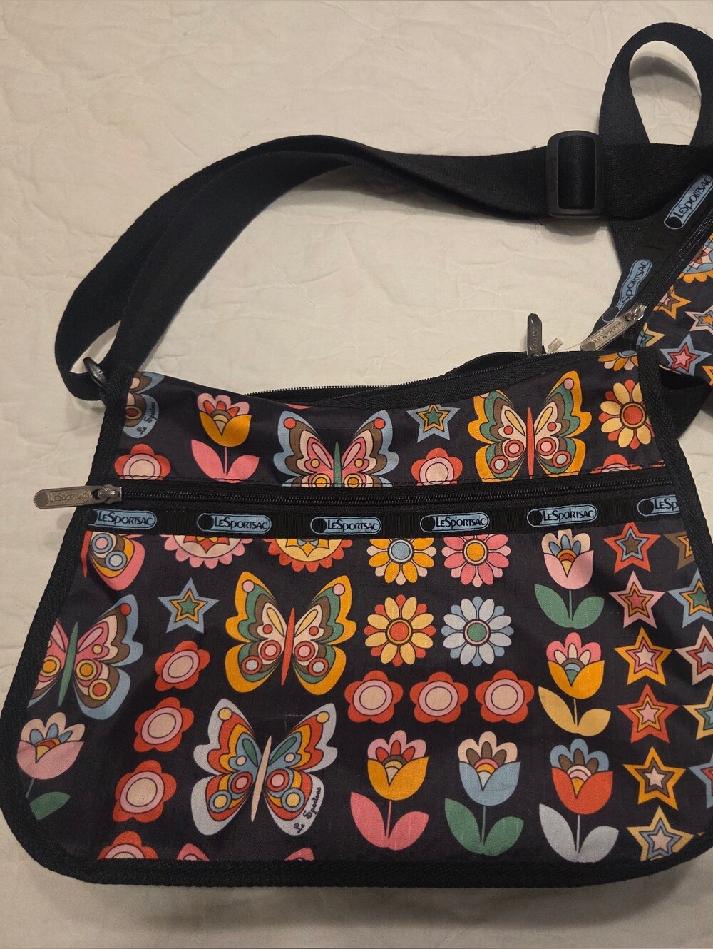 Lesportsac Black Classic HOBO Crossbody with Butterfly Star & Floral Pattern